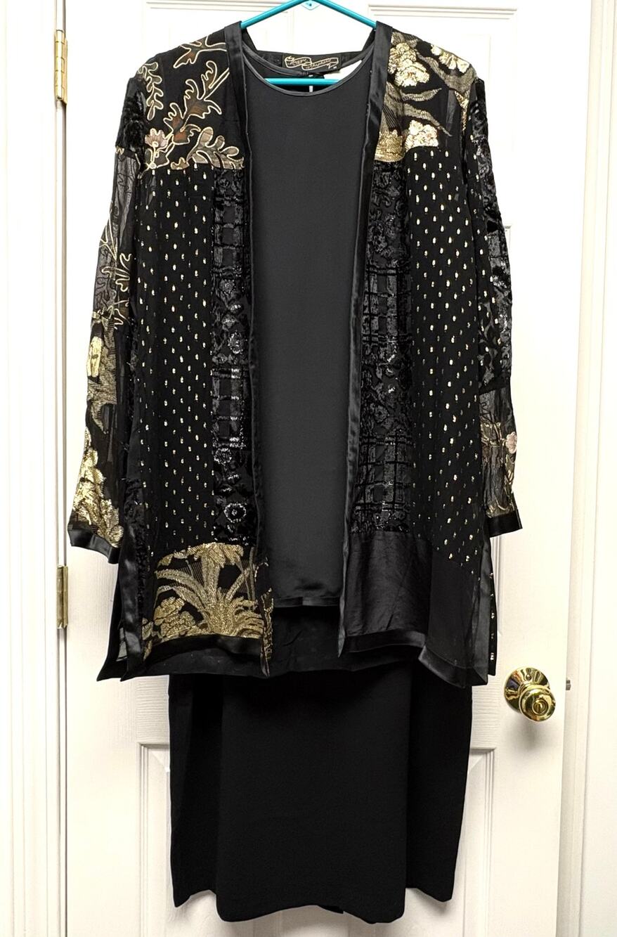 Vintage Maggie Shepherd 3 Piece Set M L Black Gold Silk Patchwork Jacket Skirt